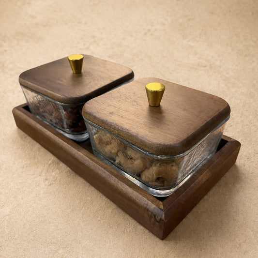 Kit 2 potes em vidro com bandeja nozes