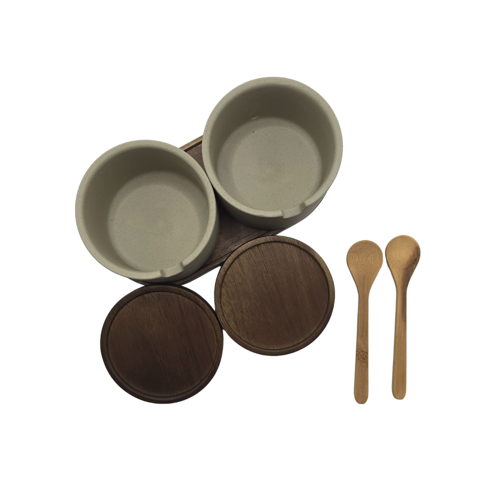 Kit 2 potes em cerâmica com bandeja nozes