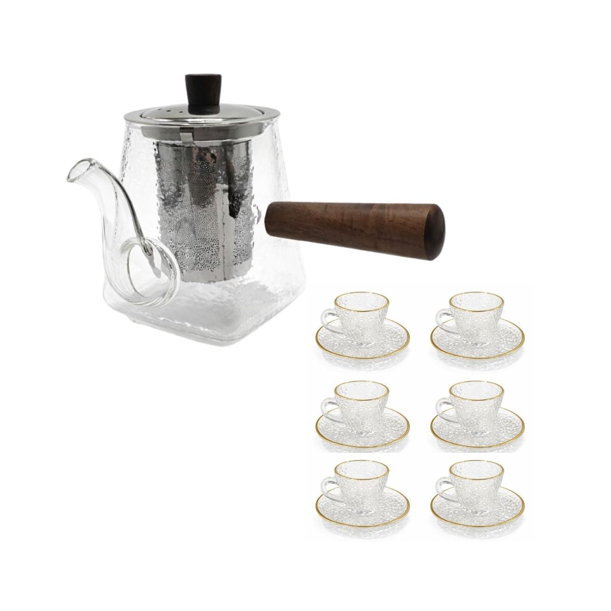 Chaleira borosilicato martelado Ritual + 6 conjuntos de xícara e píres Shine