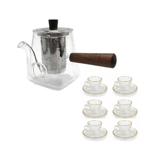 Chaleira borosilicato martelado Ritual + 6 conjuntos de xícara e píres Shine