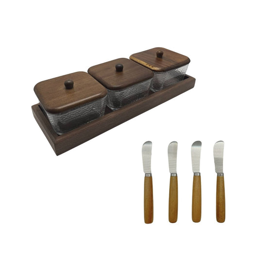 Kit 3 potes de vidro com bandeja Forja Bruta + Kit 4 espátulas para manteiga Origens