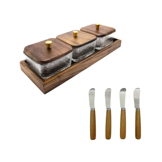 Kit 3 potes de vidro com bandeja Forja Dourada + Kit 4 espátulas para manteiga Origens