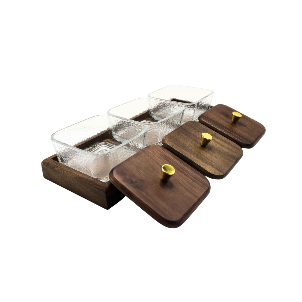 Kit 3 potes de vidro com bandeja Forja Dourada + Kit 4 espátulas para manteiga Origens