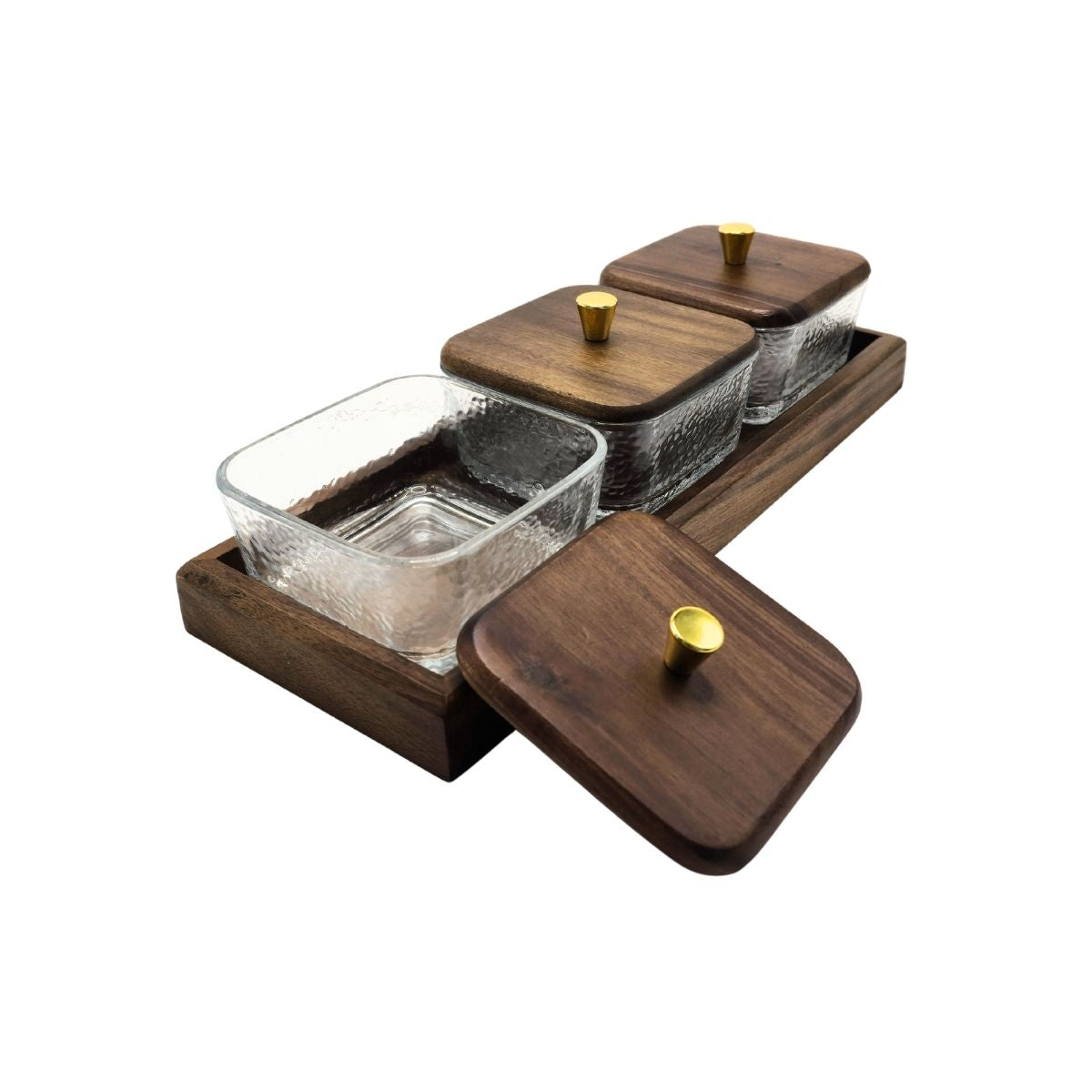 Kit 3 potes de vidro com bandeja Forja Dourada + Kit 4 espátulas para manteiga Origens
