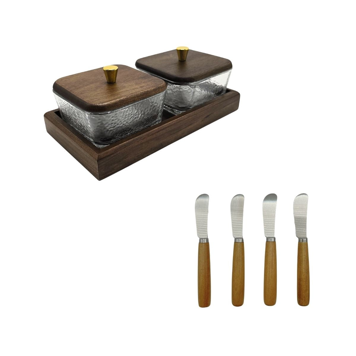 Kit 2 potes de vidro com bandeja Forja Dourada + Kit 4 espátulas para manteiga Origens