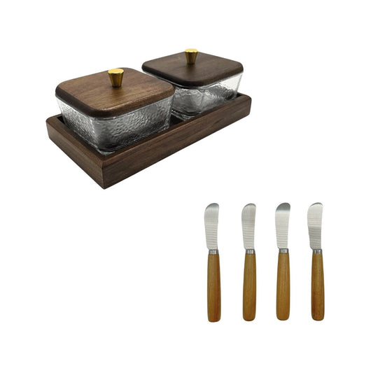 Kit 2 potes de vidro com bandeja Forja Dourada + Kit 4 espátulas para manteiga Origens