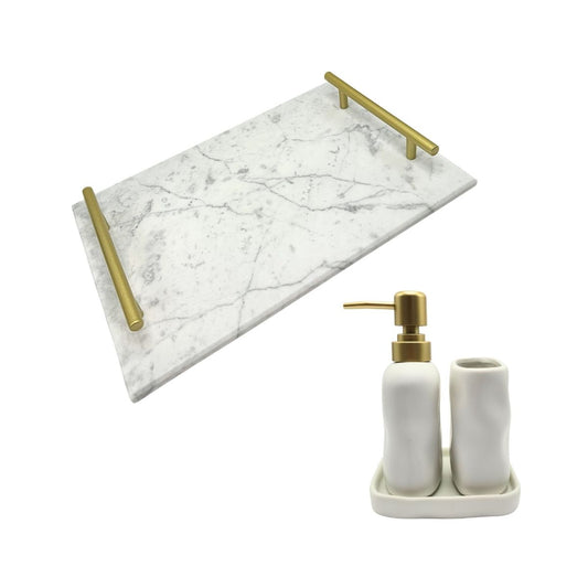 Bandeja de mármore branco Duna + Kit 3 peças para banheiro Glam