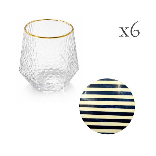 Kit 6 copos baixos Shine + Porta-Copo Blue Stripes