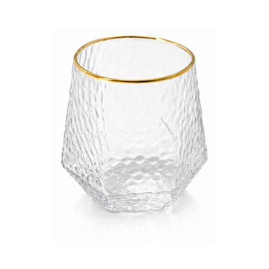 Kit 6 copos baixos com efeito martelado e borda dourada