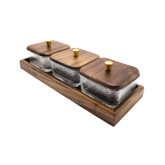 Kit 3 potes de vidro martelado com bandeja de madeira macica Forja Dourada - Il Nido