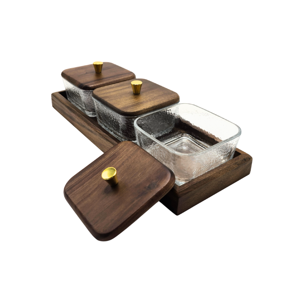 Kit 3 potes em vidro com bandeja nozes