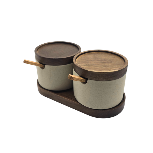 Kit 2 potes em cerâmica com bandeja nozes