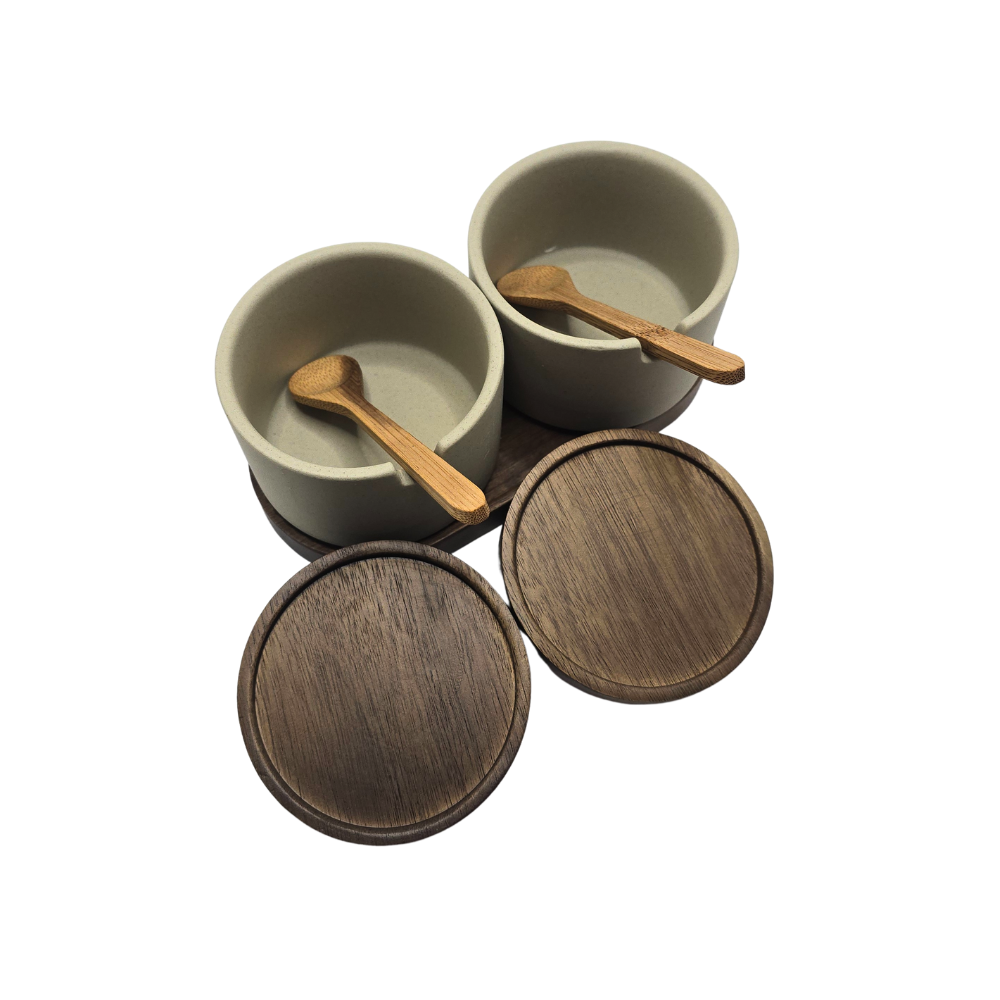Kit 2 potes em cerâmica com bandeja nozes
