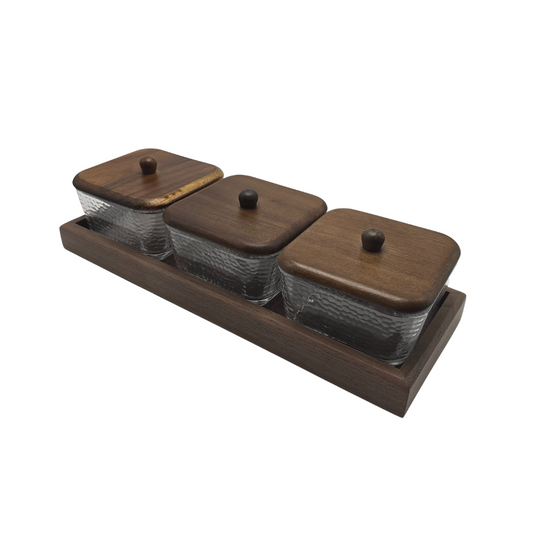 Kit 3 potes em vidro com bandeja nozes