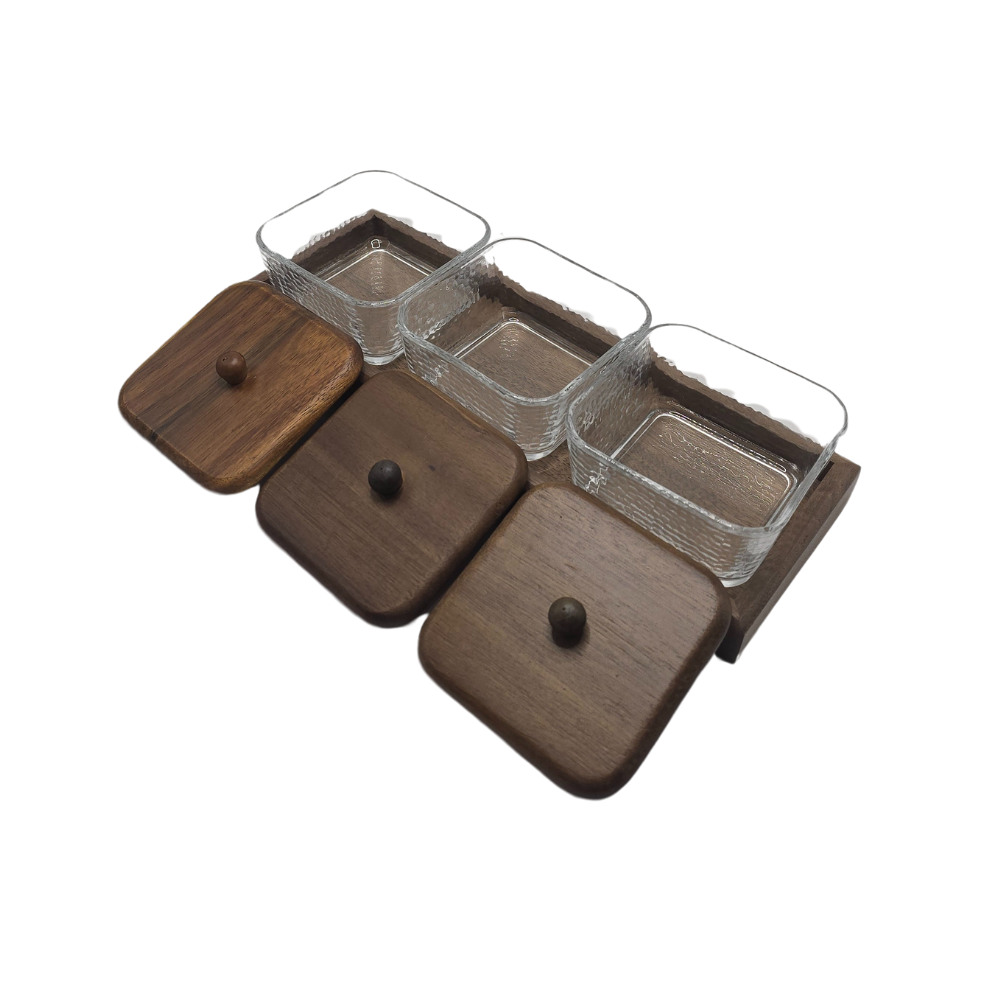 Kit 3 potes em vidro com bandeja nozes