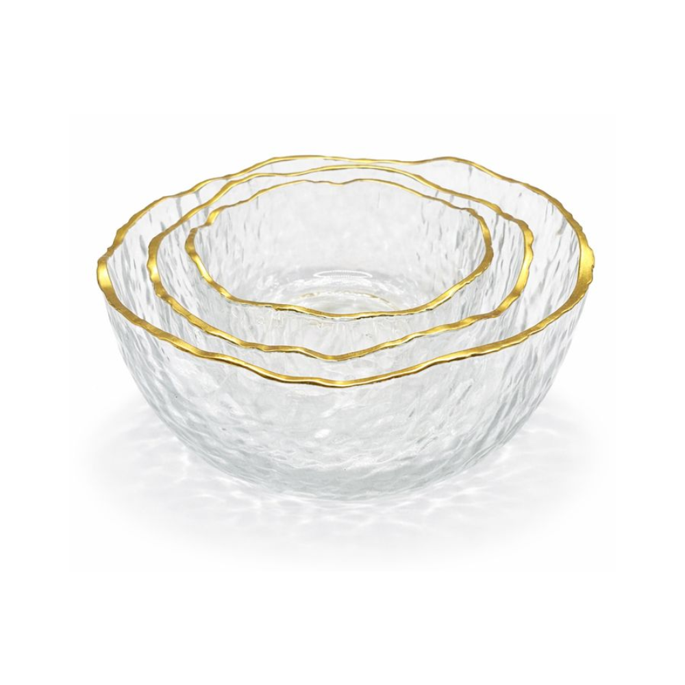 Bowls de vidro Shine com borda dourada empilhados mostrando os tamanhos - Il Nido
