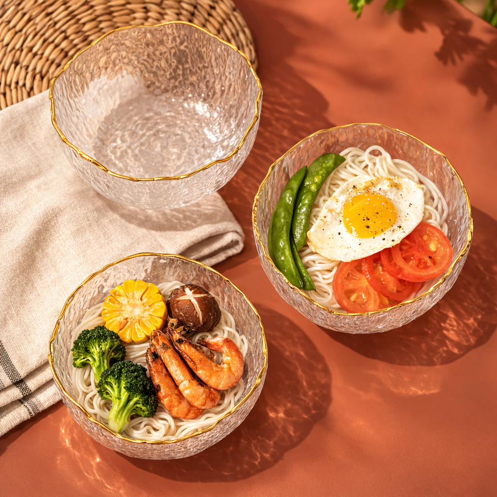 Bowls de vidro Shine com borda dourada servindo refeição sobre mesa - Il Nido