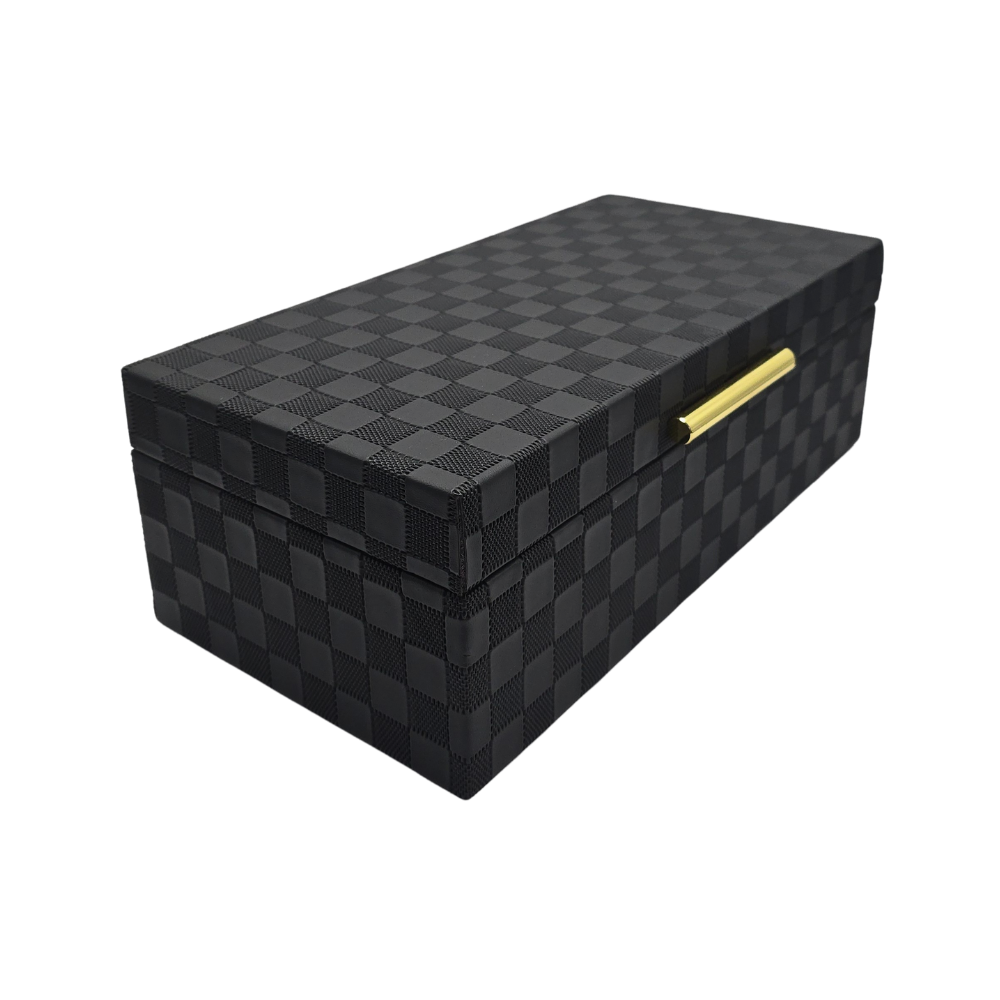 Caixa decorativa All Black em MDF revestida em tecido PU texturizado preto com fechamento dourado - 10x30x15cm - Il Nido