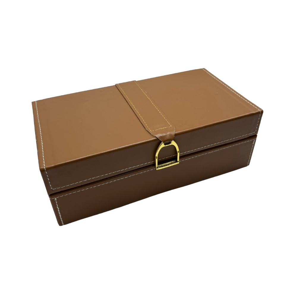 Caixa decorativa Áurea em MDF revestida em PU marrom com fechamento dourado - porta-joias - 7,5x23x12cm - Il Nido