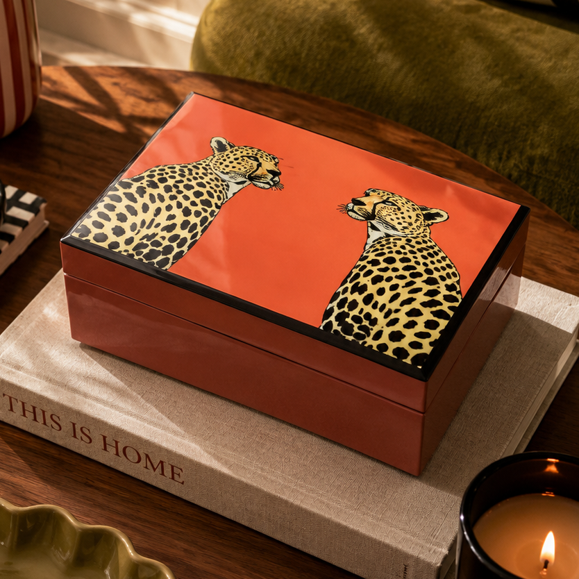 Caixa decorativa de vidro Leopardos 8,5x24,5x17cm
