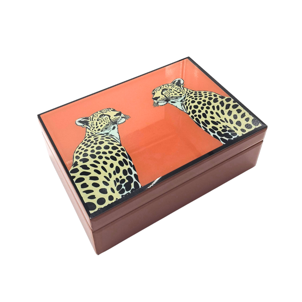 Caixa decorativa Leopardos em MDF revestida em vidro laranja com estampa de onças - 8,5x24,5x17cm - Il Nido