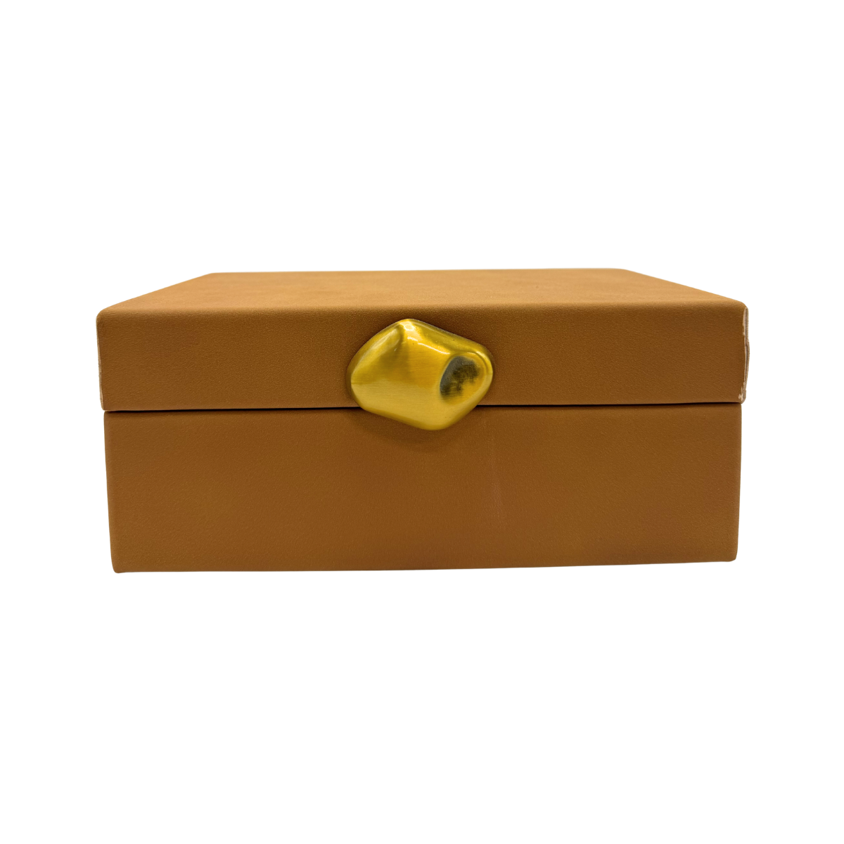 Caixa decorativa Stone em aveludado terracota com fechamento dourado em vista detalhada - Il Nido
