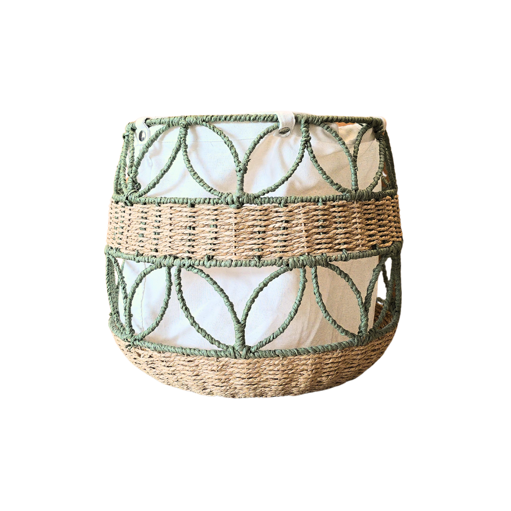Cesto Raíz Trançada em corda de papel verde sálvia e natural com forro de algodão - 36x44cm - Il Nido