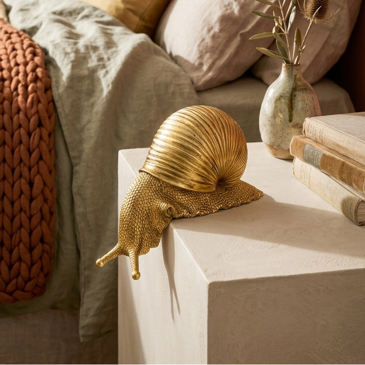 Escultura de caracol Dourado na beirada do móvel na decoração de ambiente - Il Nido