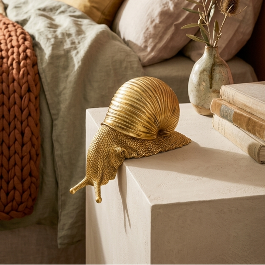 Escultura de caracol Dourado na beirada do móvel na decoração de ambiente - Il Nido