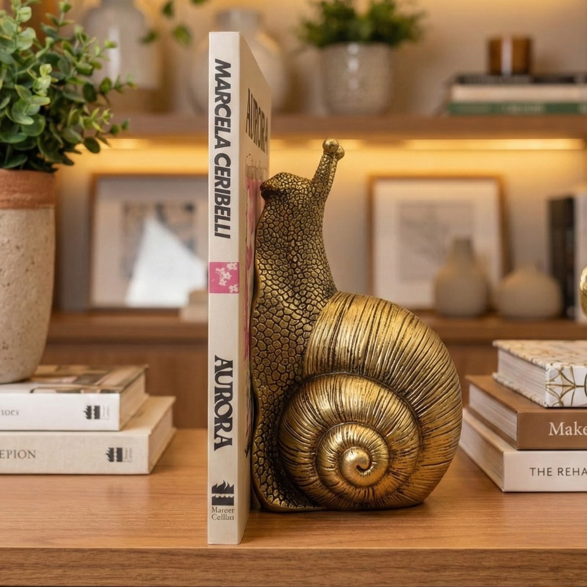 Escultura de caracol Dourado em poliresina segurando livros na decoração de ambiente - Il Nido