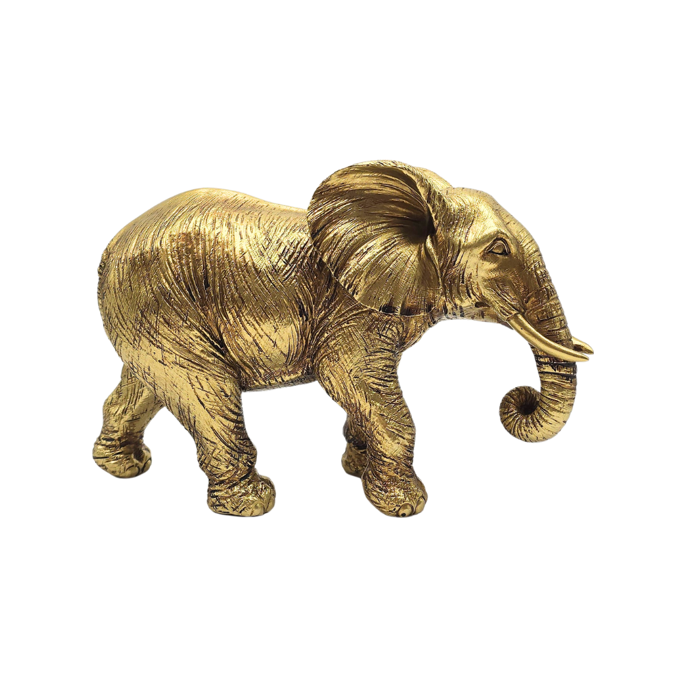 Escultura de elefante Dourado em poliresina com pintura dourada em vista lateral - Il Nido