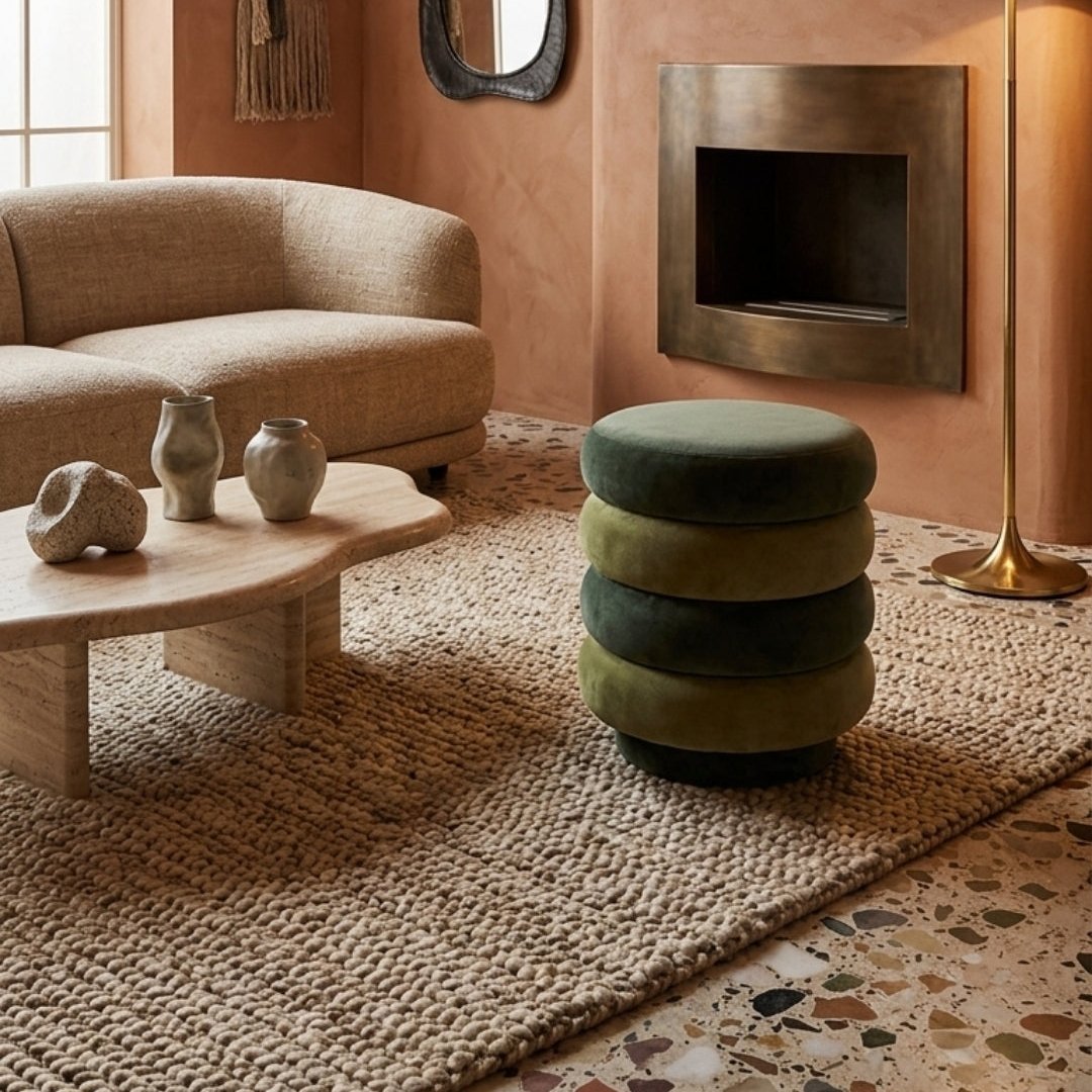 Pufe Gomos Verde de veludo com design arredondado