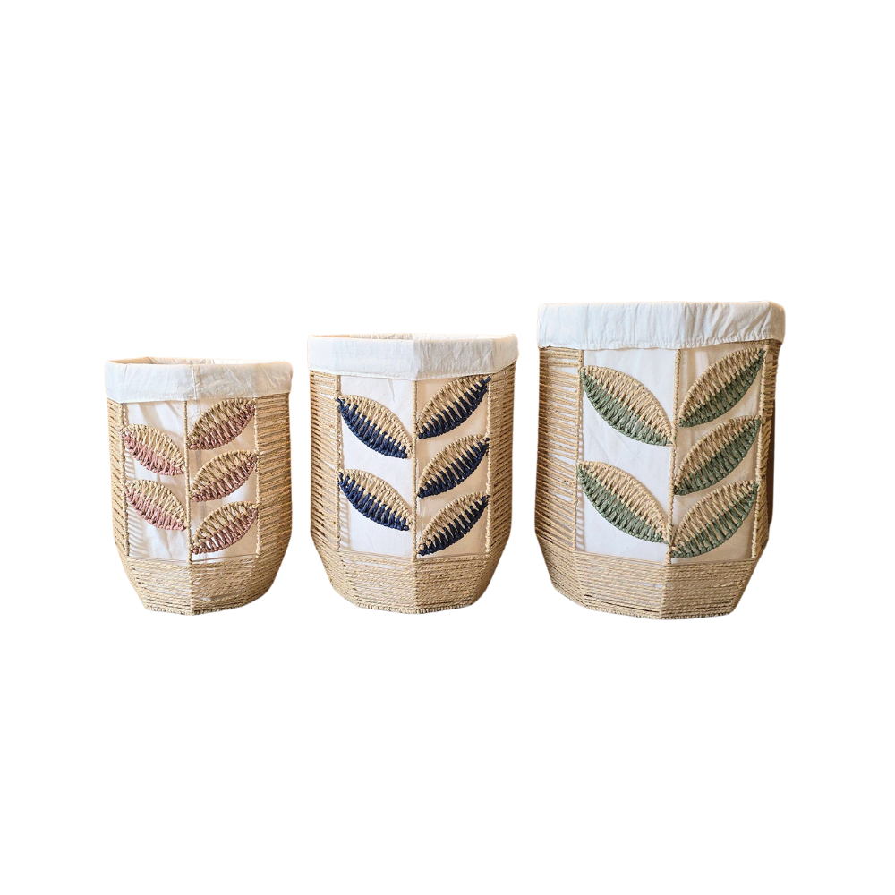 Kit com 3 cestos Trio Jardim em corda de papel trançado nas cores sálvia, azul marinho e rosa - Il Nido