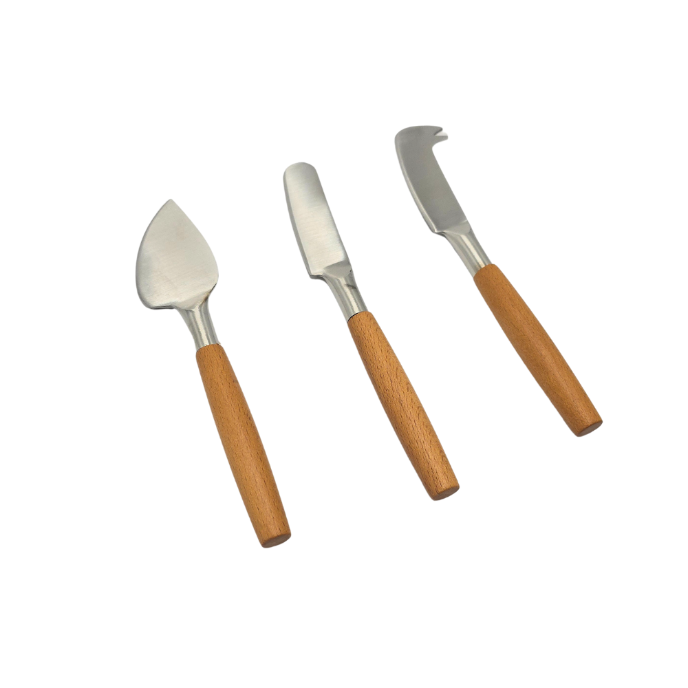 Kit de 3 talheres de queijo Wood em aço inox com cabo de madeira em vista detalhada - Il Nido