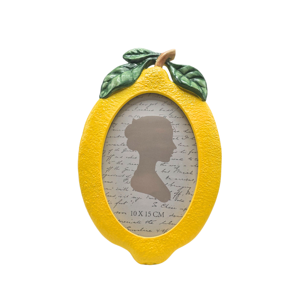 Porta-retrato Limone para foto 10x15cm em poliresina formato de limão siciliano amarelo com folhagem verde - Il Nido