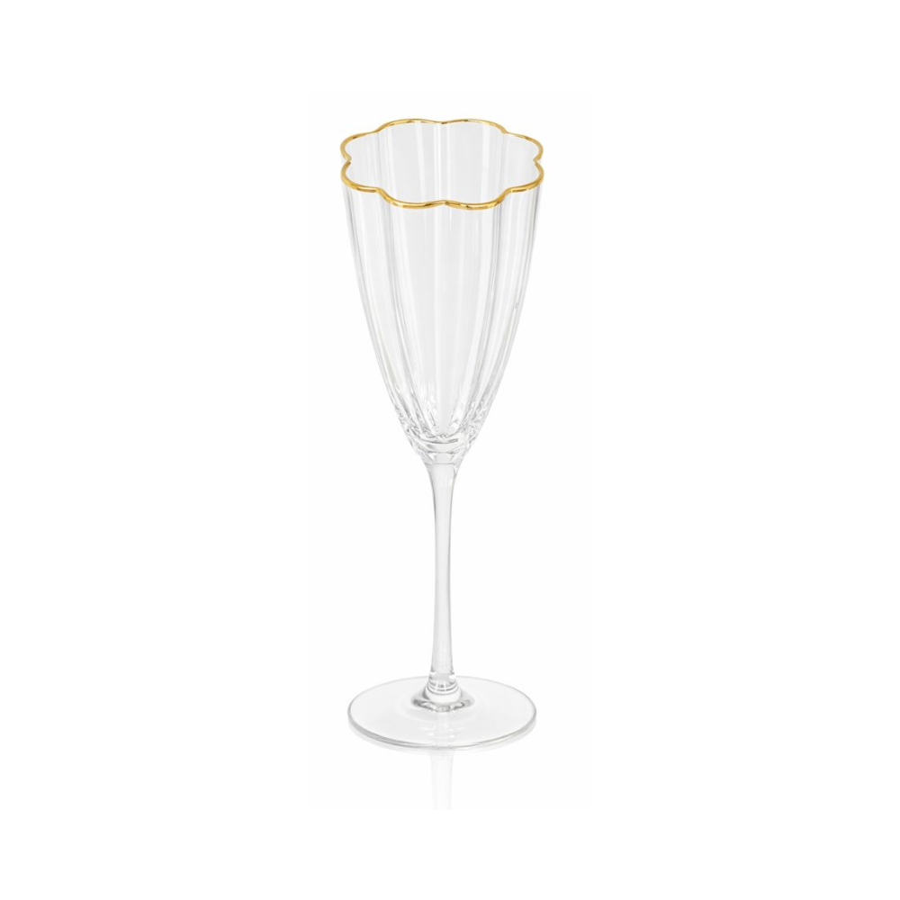 Taça de espumante Shine em vidro formato flor com borda dourada vista frontal - Il Nido