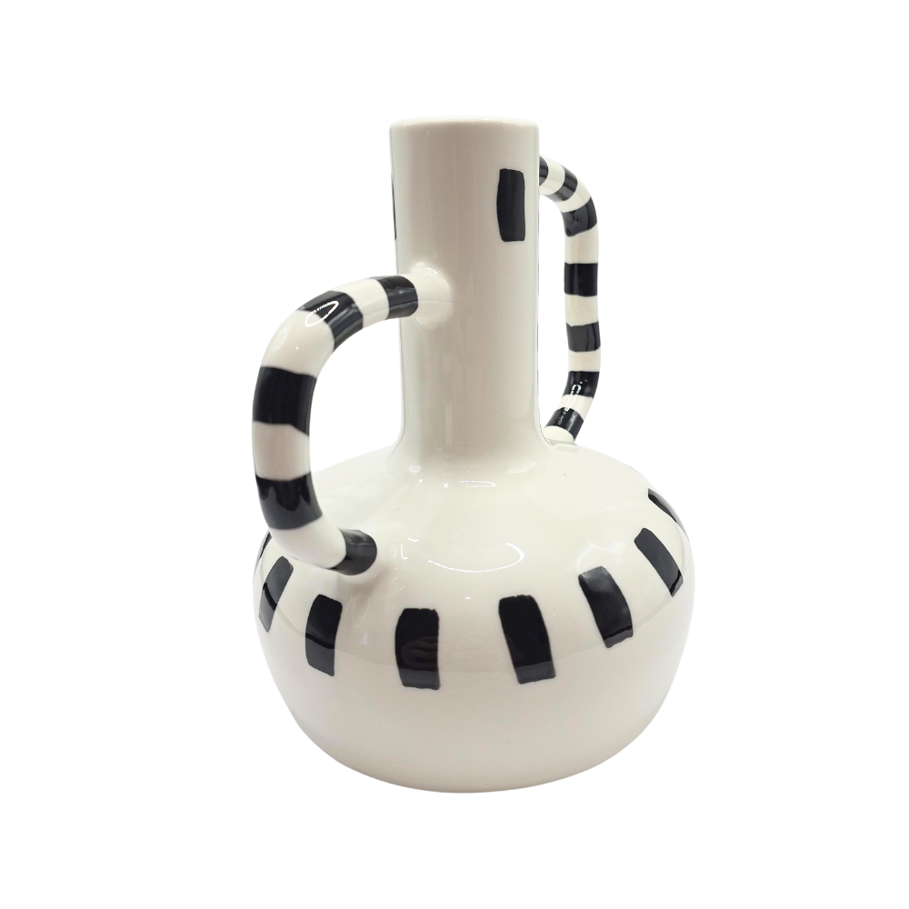 Vaso de cerâmica Linhas branco com detalhes em preto em vista lateral - Il Nido